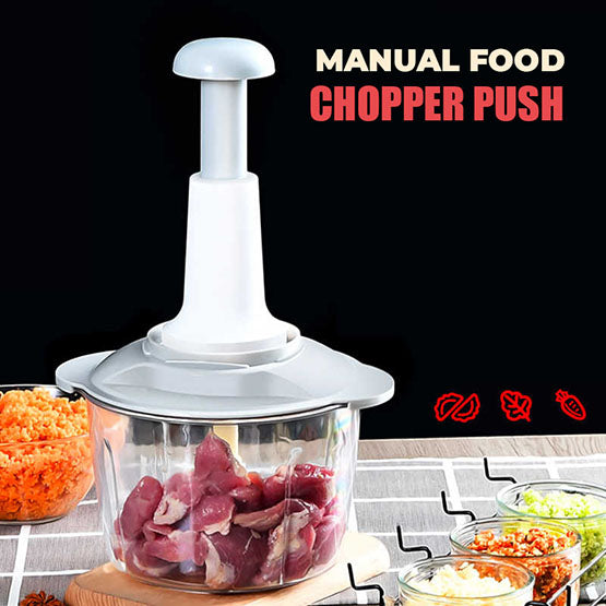 “Imported Manual Hand-Push Food Chopper – 2L, 3 Stainless Steel Blades for Easy Chopping & Mixing”