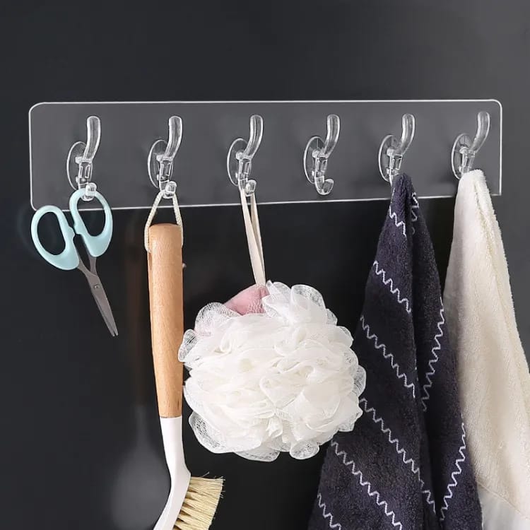 “6-Row Transparent Wall Hooks – Self-Adhesive Clothes, Towel, Key Holder for Home & Kitchen”