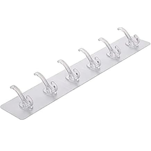 “6-Row Transparent Wall Hooks – Self-Adhesive Clothes, Towel, Key Holder for Home & Kitchen”